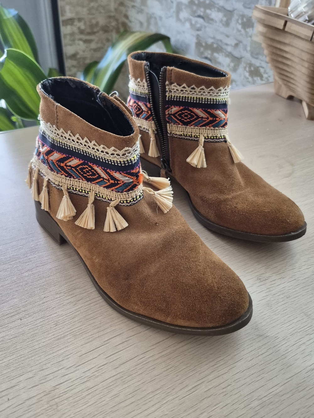 Boho Desigual Suede Ankle Boots with Embroidered Tribal Trim and Tassels